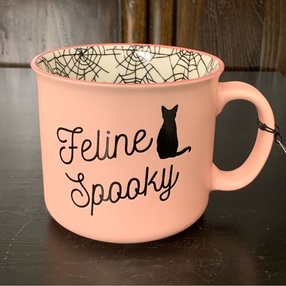 Feline Spooky Black Cat - Pink Halloween Mug with Spider Web Interior - Picture 1 of 13